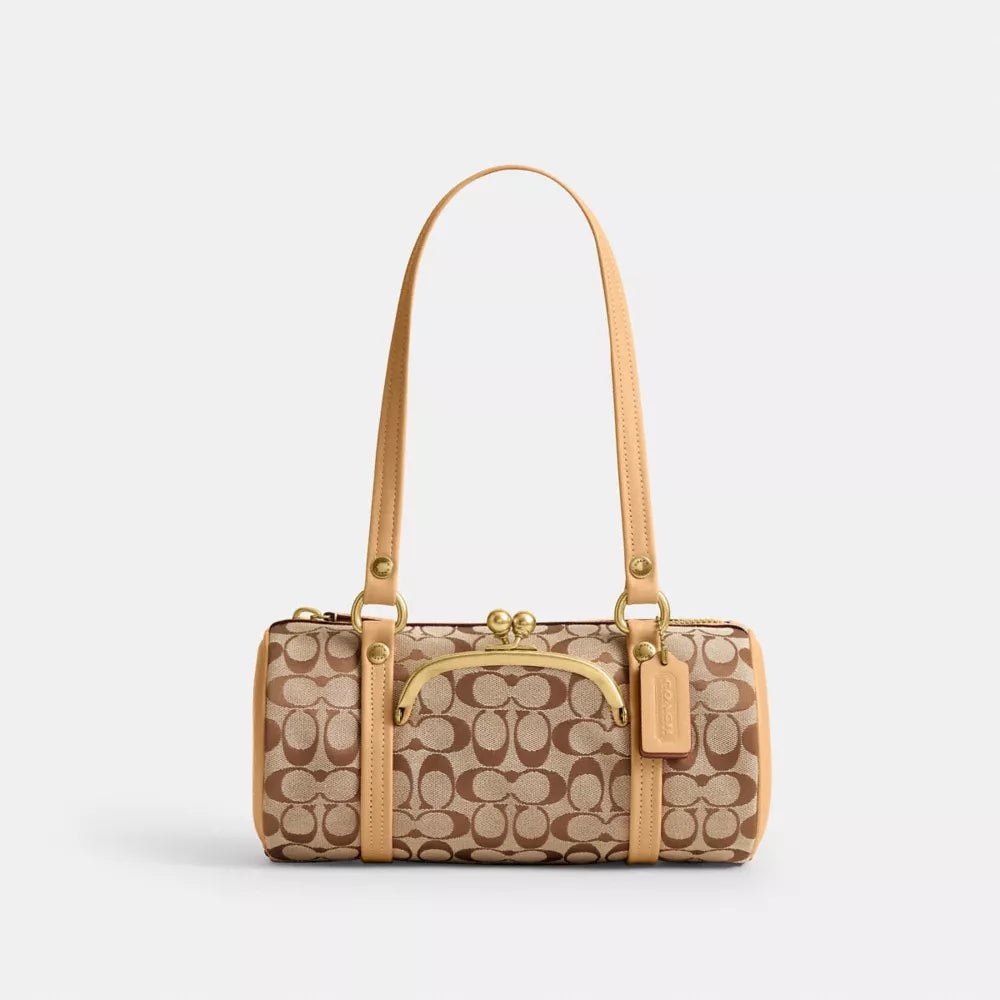 Kisslock Barrel Bag 28 In Signature Jacquard - Brass/Khaki Light Peach