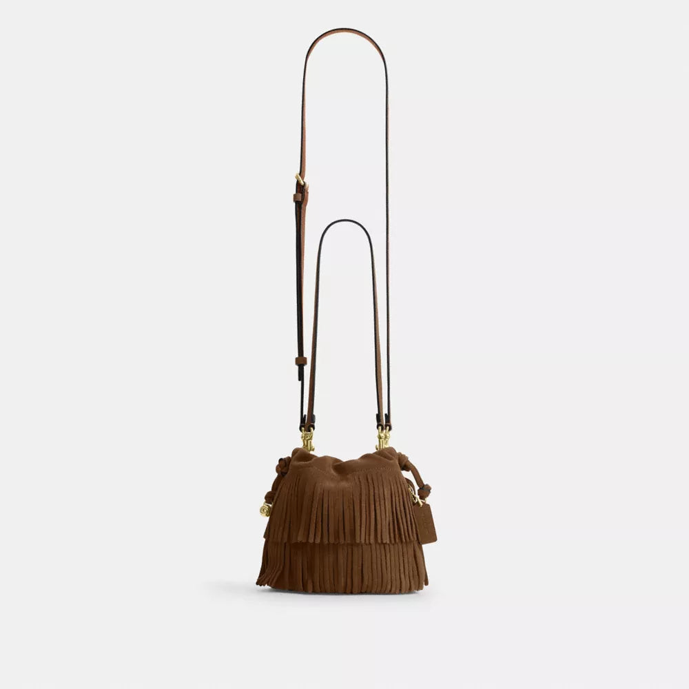 Faye Mini Drawstring Bag With Fringe - Suede/IM/Cedar