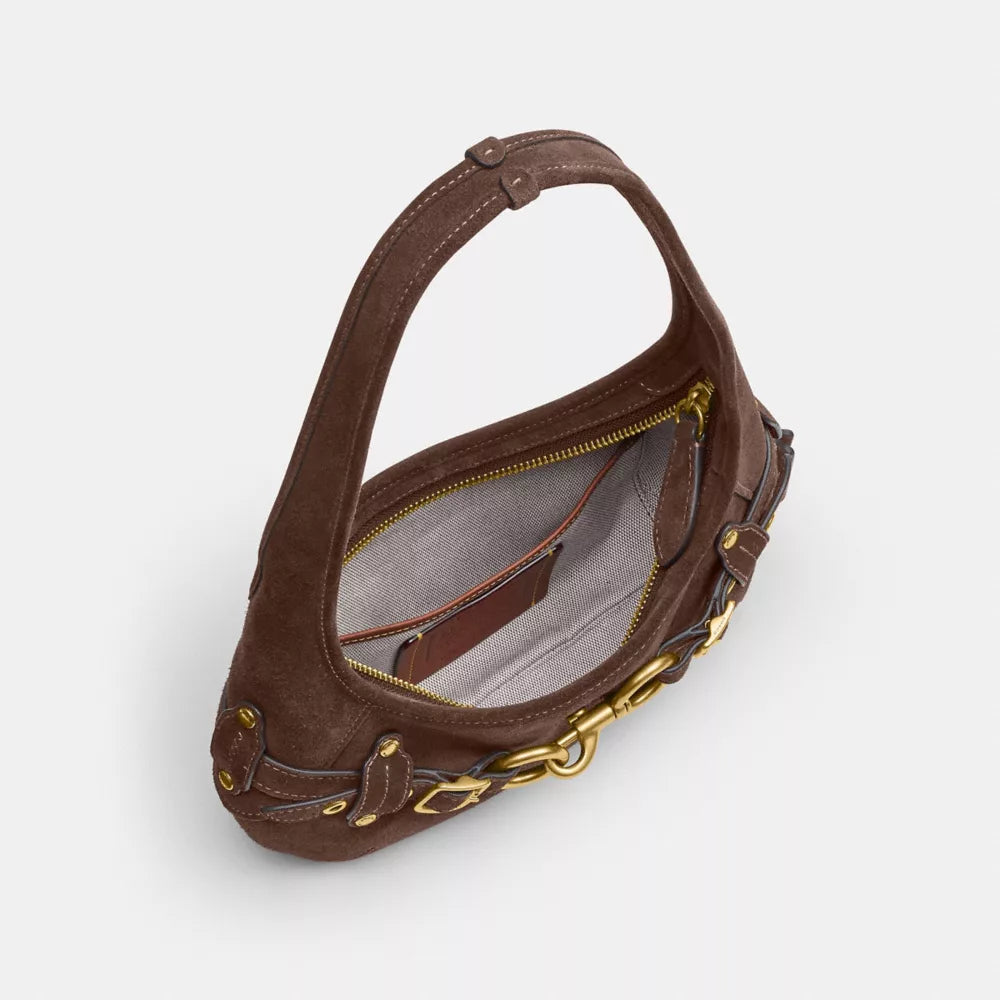 Belted Ergo Shoulder Bag 26 - Suede/Brass/Dark Chocolate
