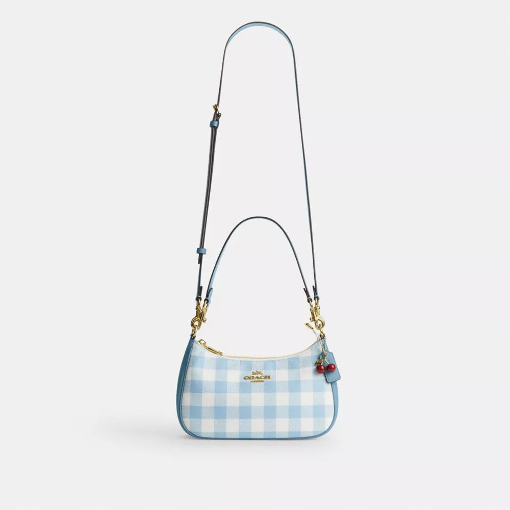 Teri Shoulder Bag With Gingham Print And Charm - Gold/Blue Multi