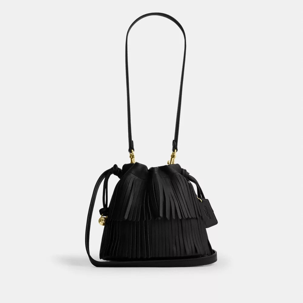 Faye Mini Drawstring Bag With Fringe - Leather/Gold/Black