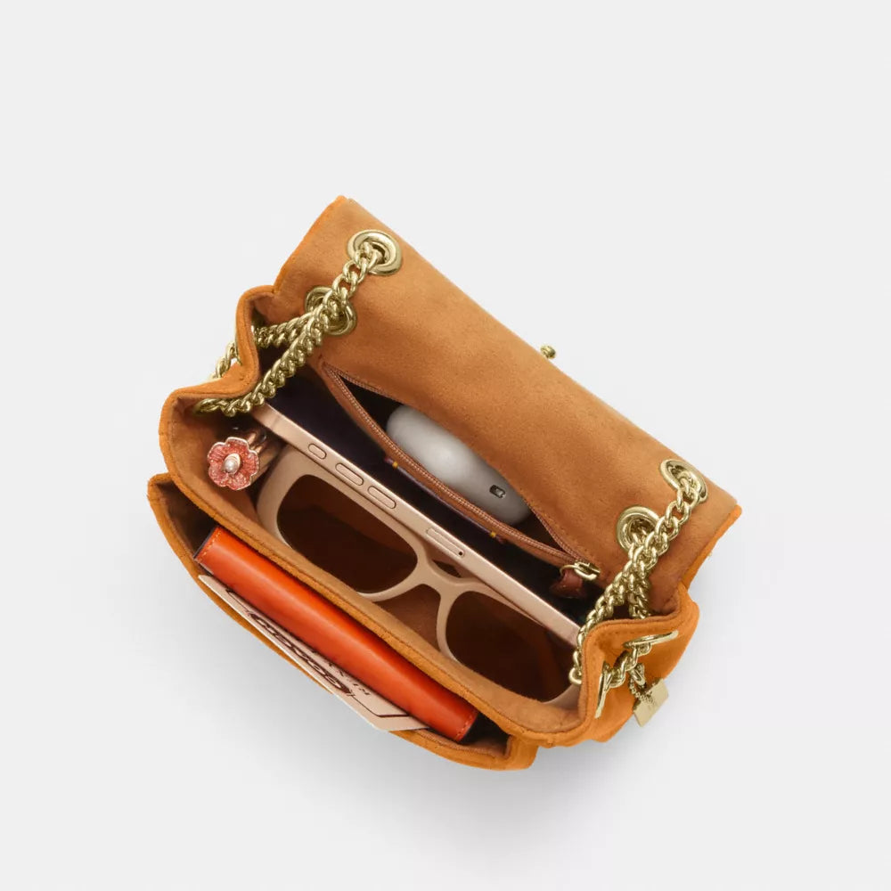 Elodie Crossbody Bag 18 With Quilting - Suede/Gold/Marigold