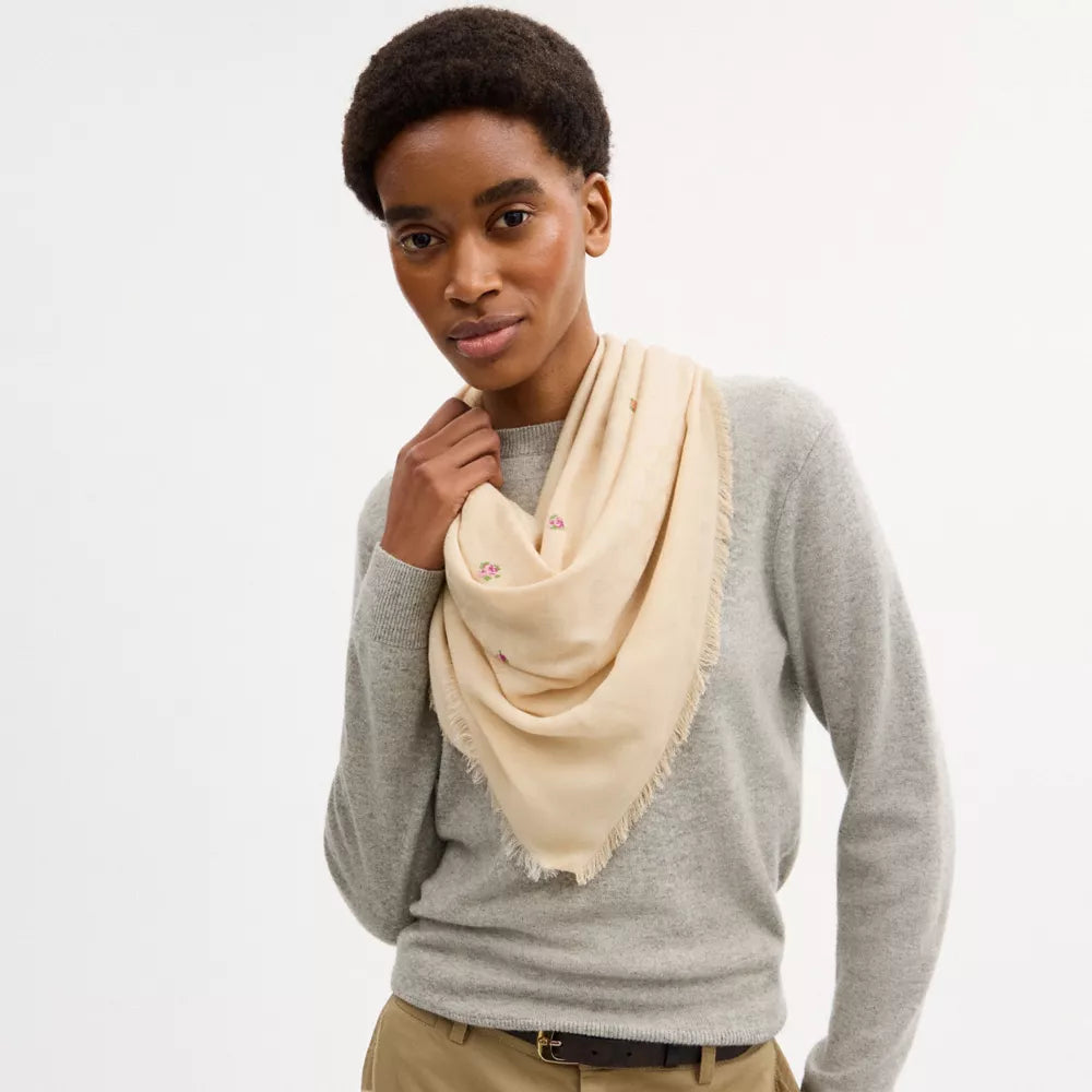 Signature Mini Vintage Rose Print Oversized Square Scarf - Sand
