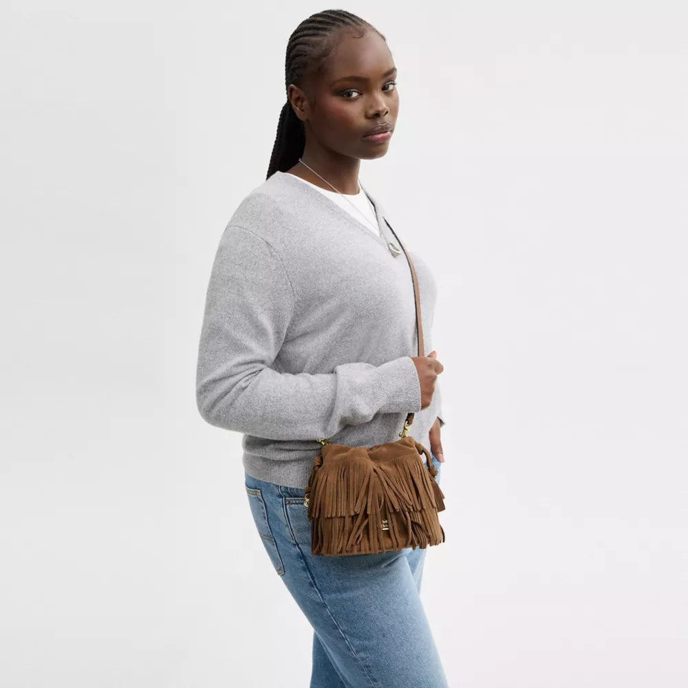 Faye Mini Drawstring Bag With Fringe - Suede/IM/Cedar
