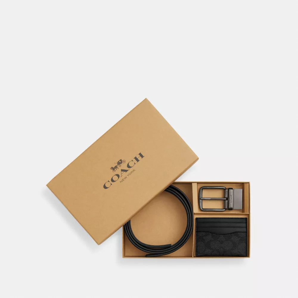 Boxed Card Case And Belt Set In Signature Canvas - Gunmetal/Charcoal/Black