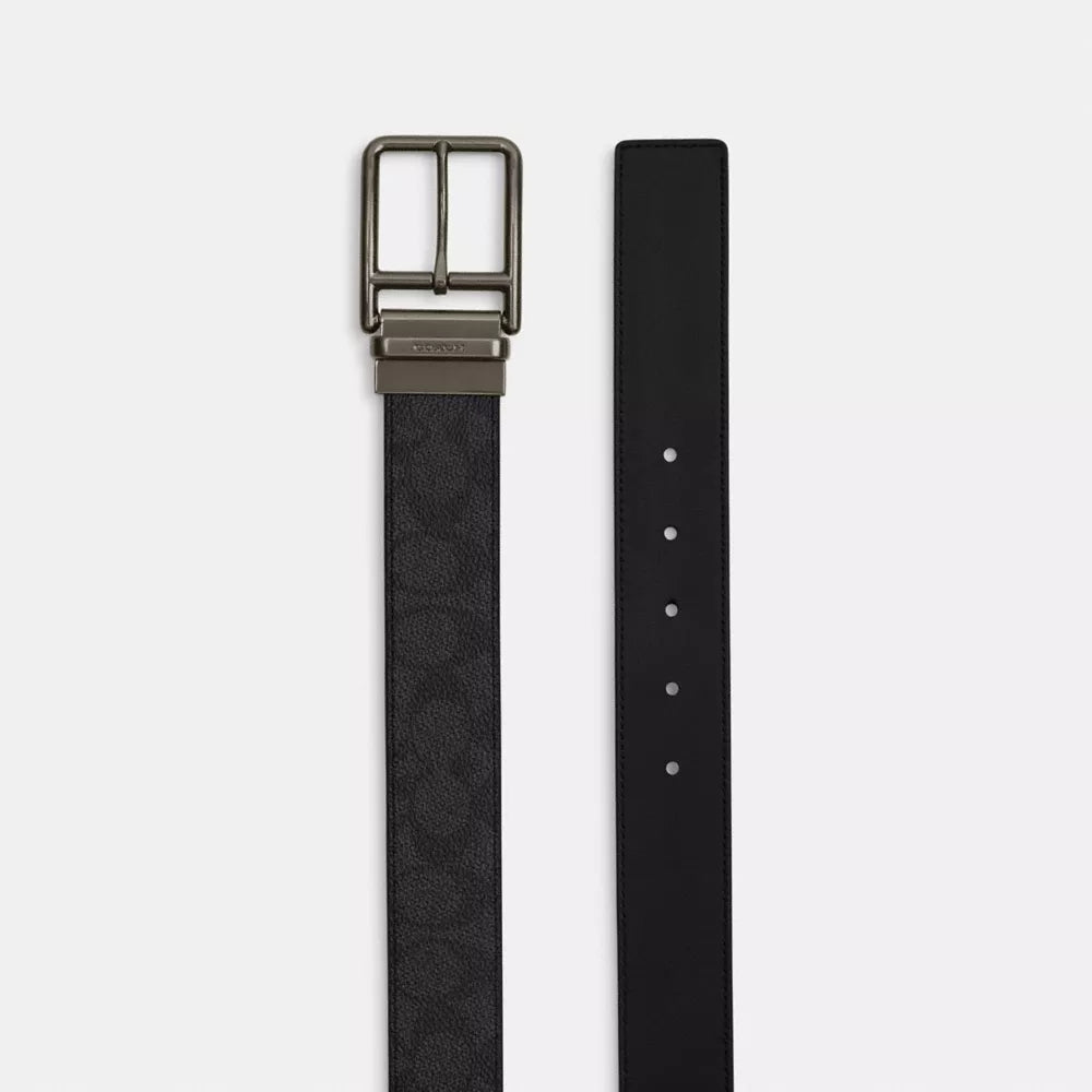 Double Bar Buckle Cut-To-Size Reversible Belt, 38MM - Signature Canvas/Gunmetal/Charcoal/Black
