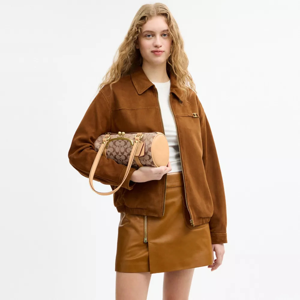 Kisslock Barrel Bag 28 In Signature Jacquard - Brass/Khaki Light Peach