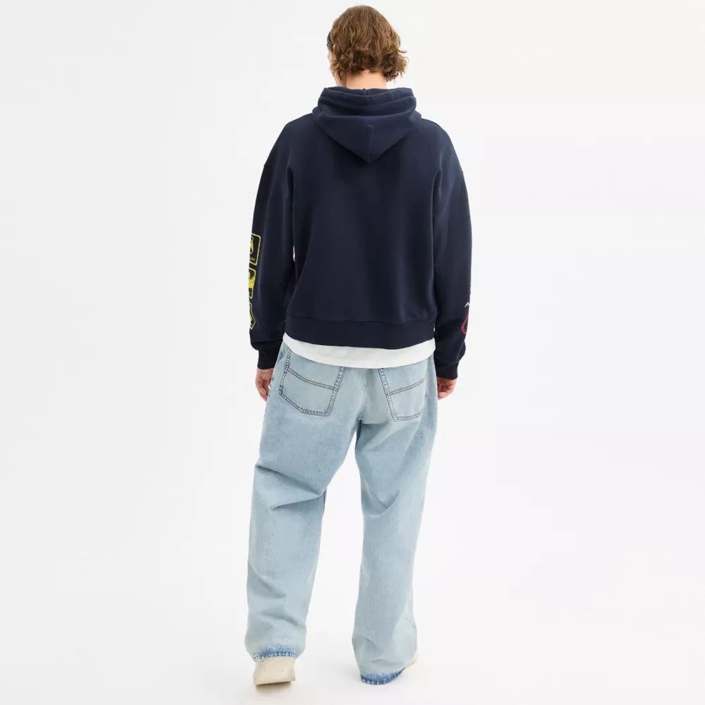 Dinosaur Collage Relaxed Hoodie In Organic Cotton - Navy Blue