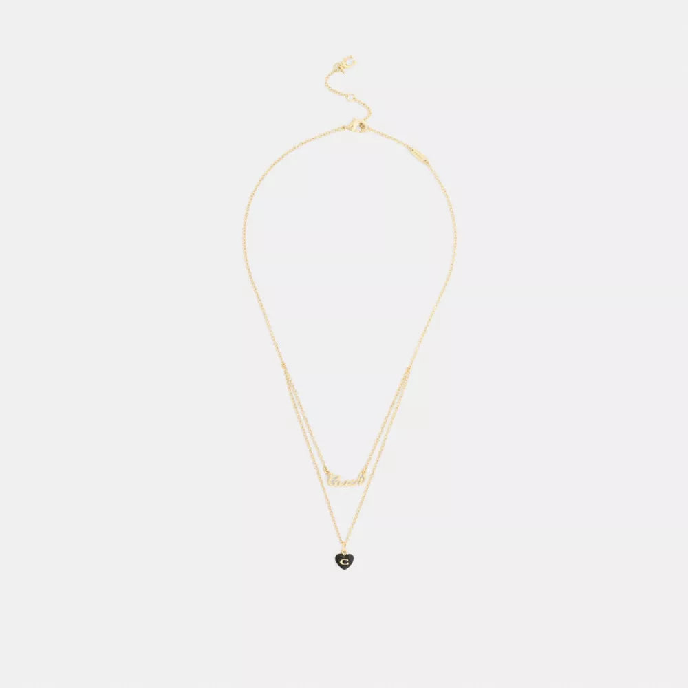 Coach Script Resin Heart Layered Necklace - Gold/Black
