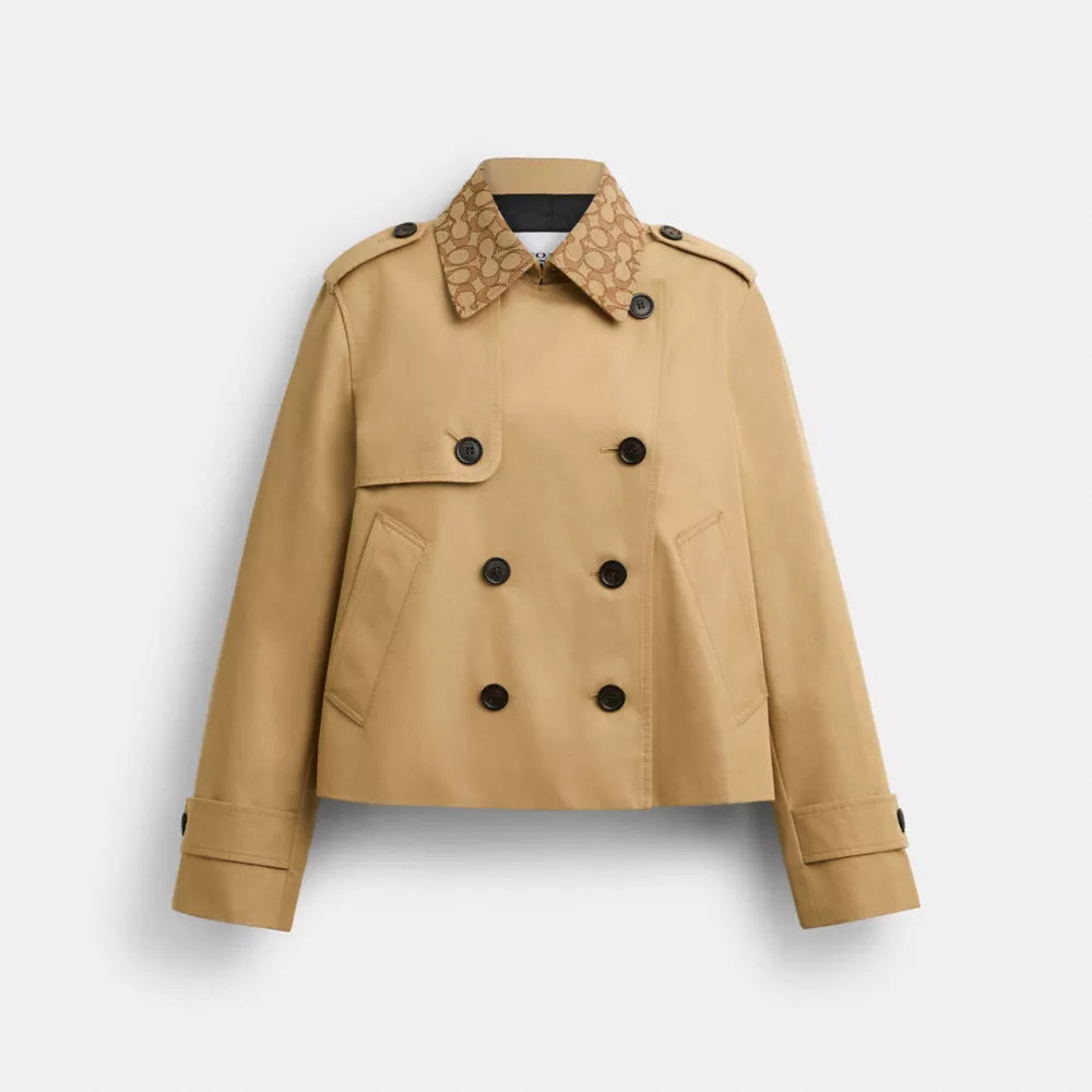 Short Trench Coat With Signature Collar - Khaki