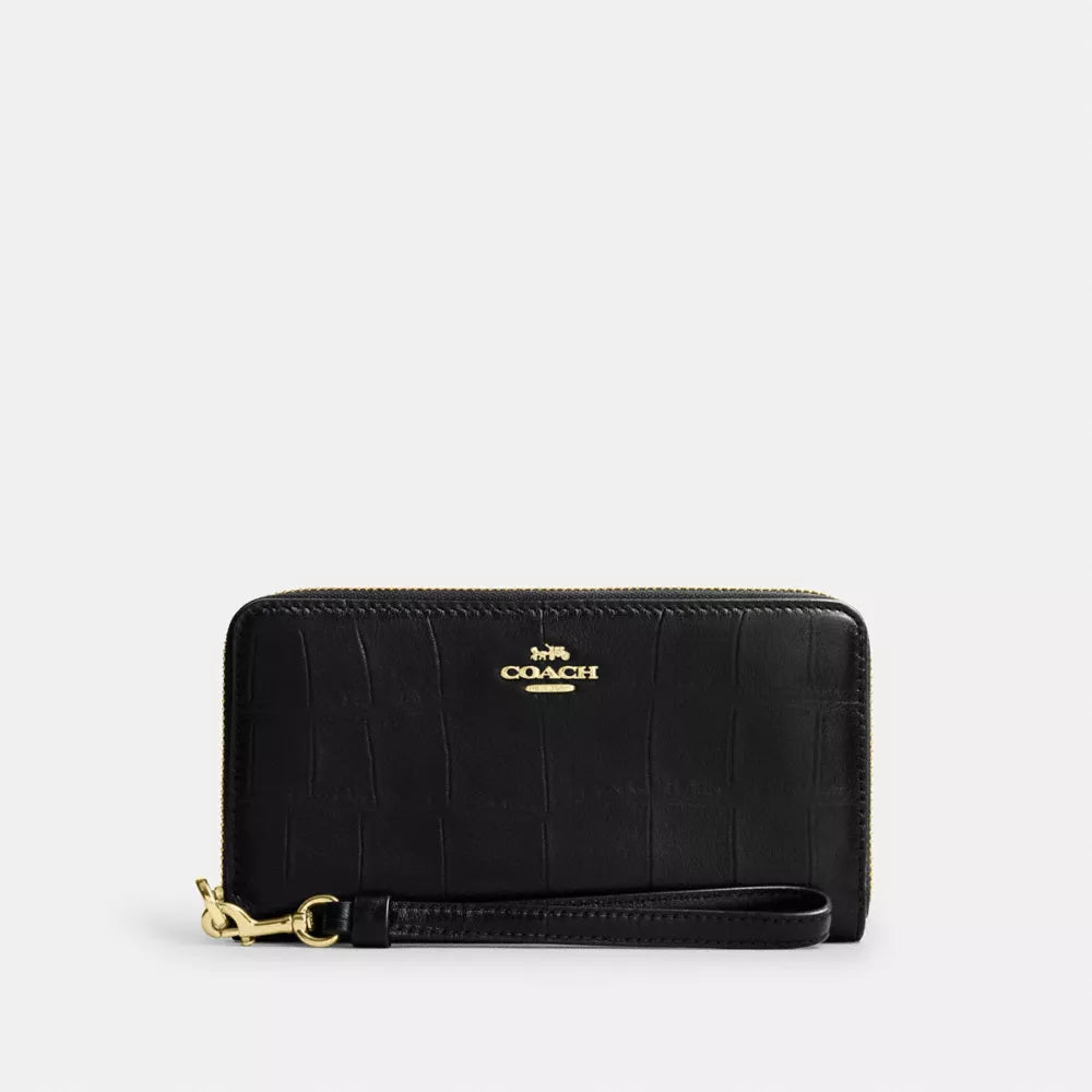 Long Zip Around Wallet - Embossed Crocodile/Gold/Black