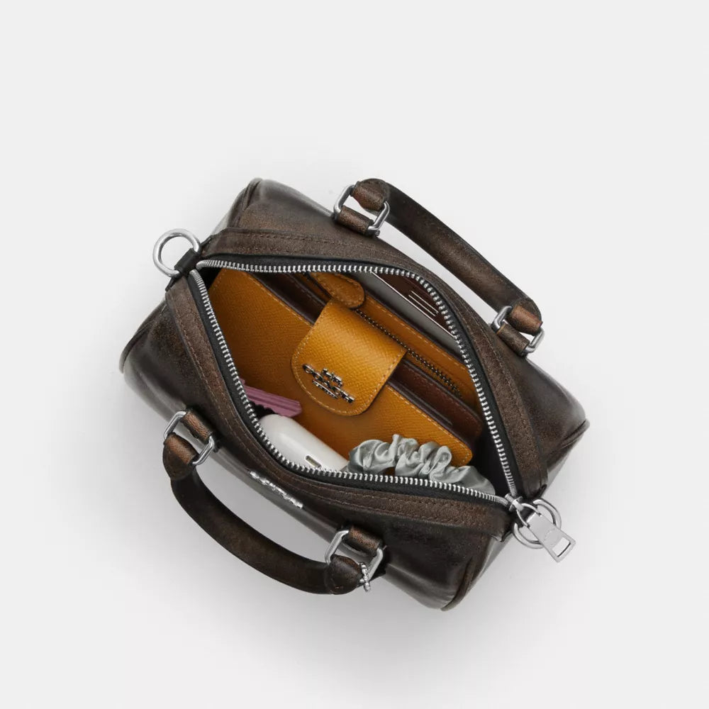 Mini Rowan Crossbody Bag In Loved Leather - Silver/Black Brown