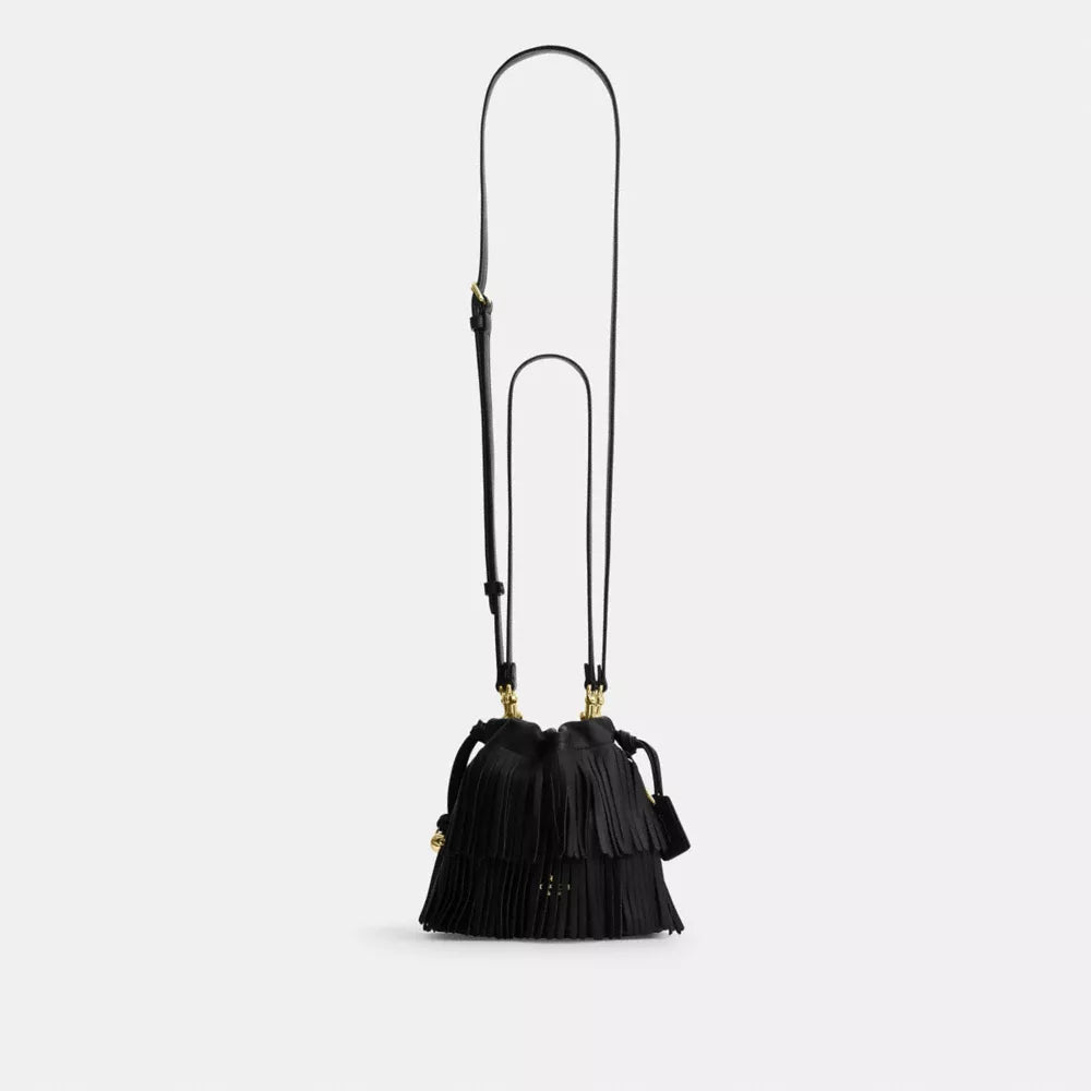 Faye Mini Drawstring Bag With Fringe - Leather/Gold/Black