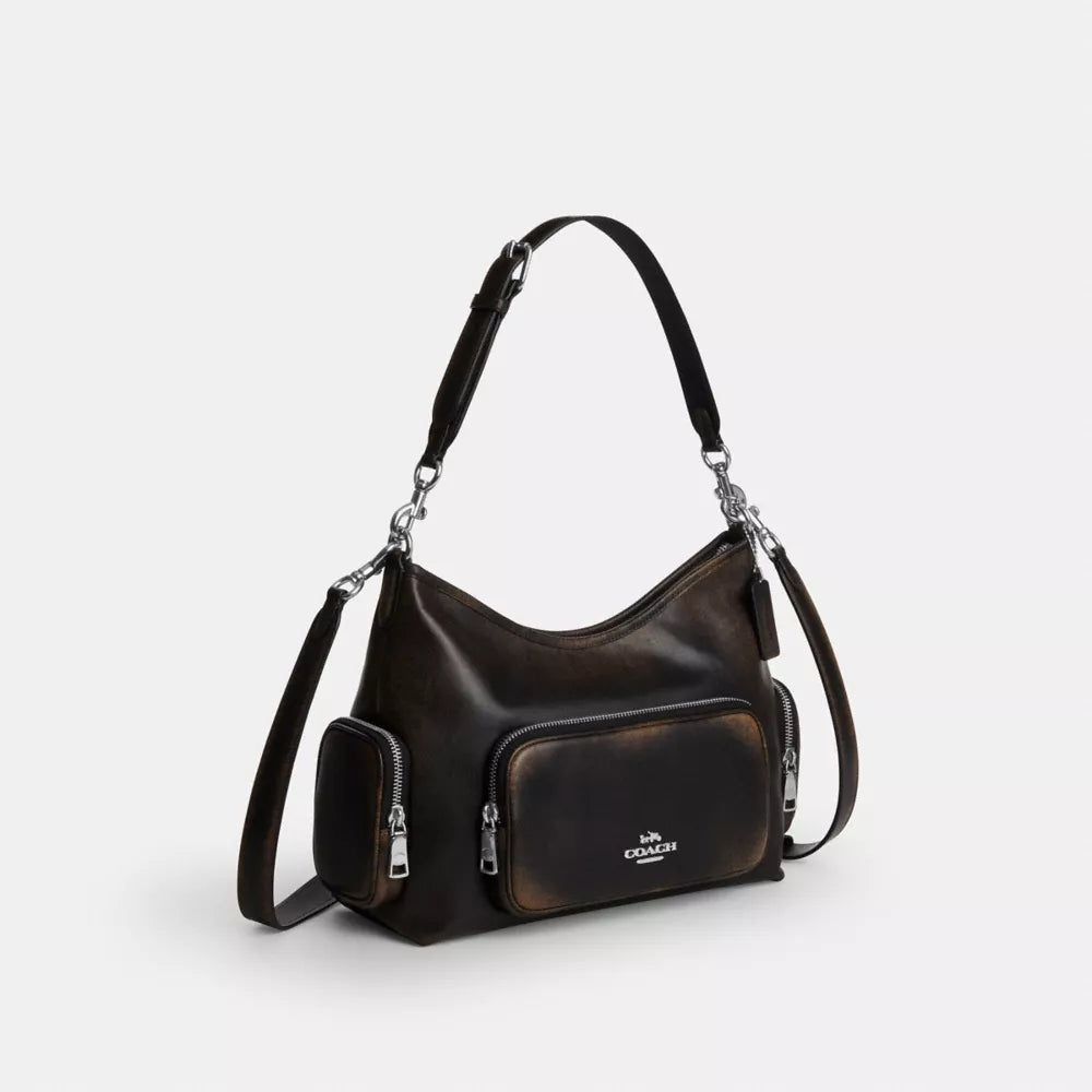 Laurel Shoulder Bag With Pockets In Loved Leather - Silver/Black Brown