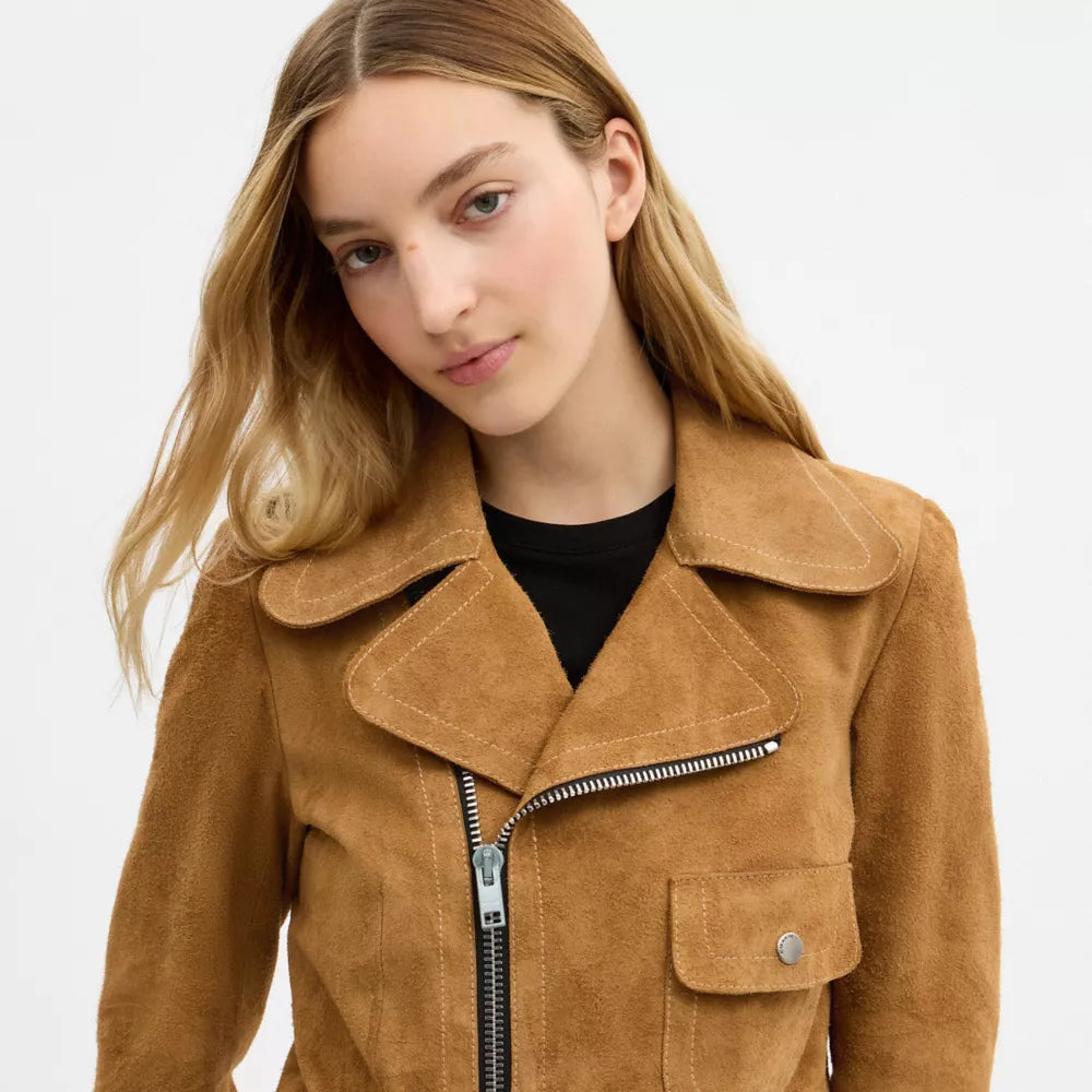 Asymmetric Suede Jacket - Brown