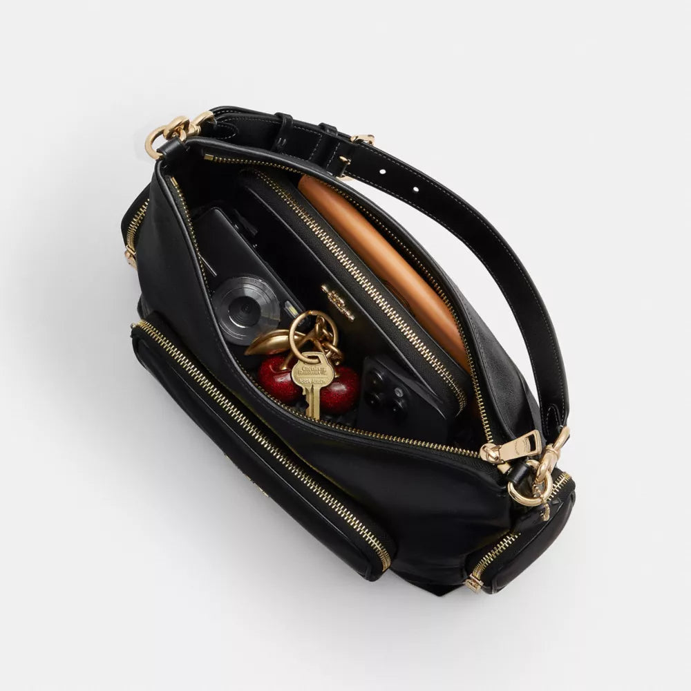 Laurel Shoulder Bag With Pockets - Crinkle Leather/Gold/Black