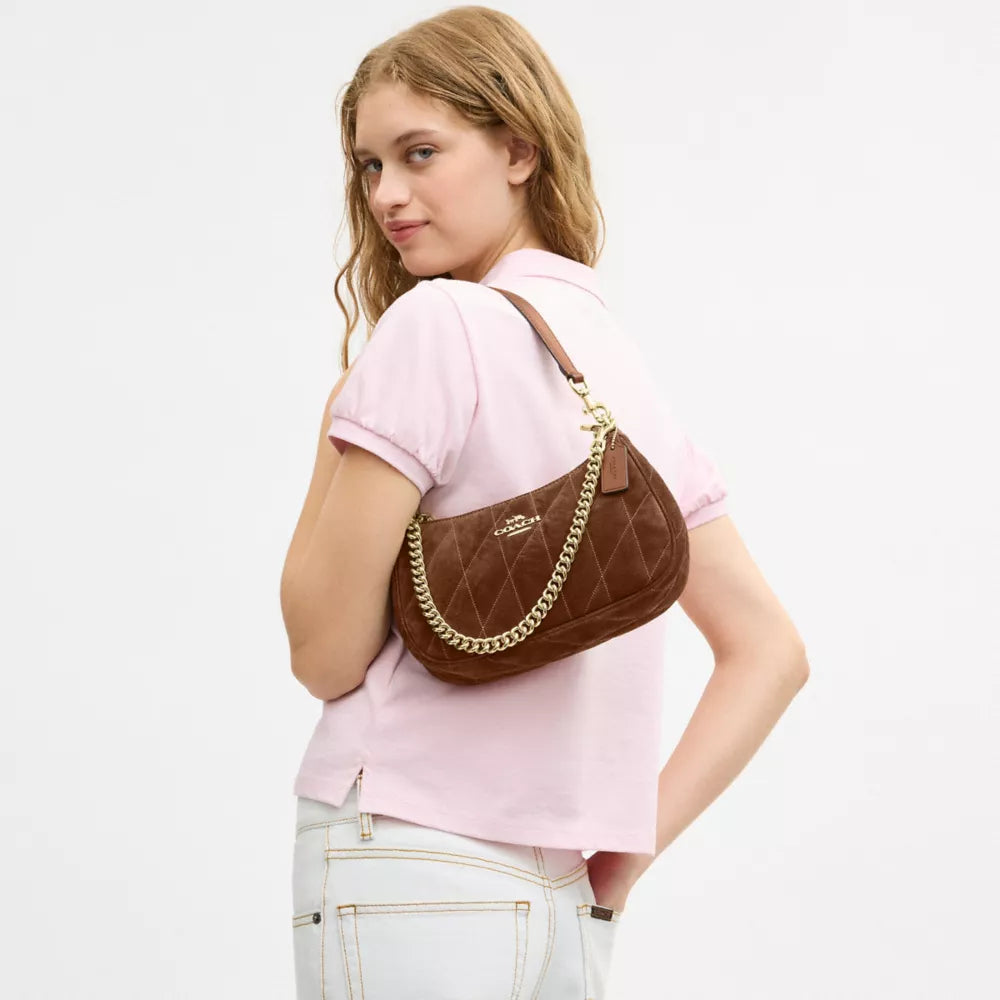 Teri Shoulder Bag With Quilting - Suede/Gold/Warm Brown