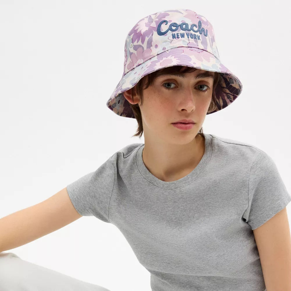 Coach Script Floral Print Bucket Hat - Purple Multi