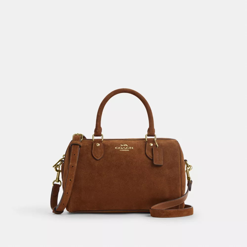 Rowan Satchel Bag - Suede/Gold/Warm Brown