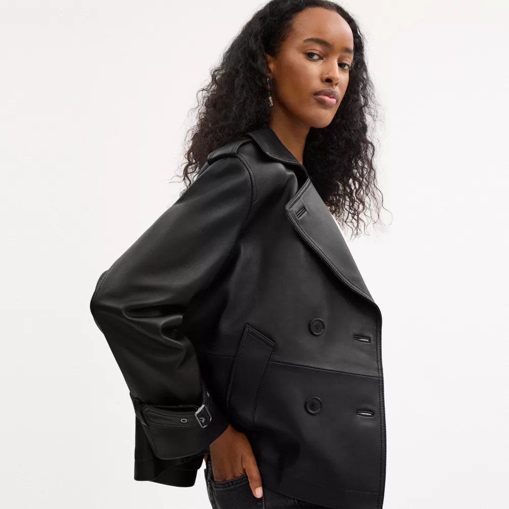 Mini Leather Trench Coat - Black