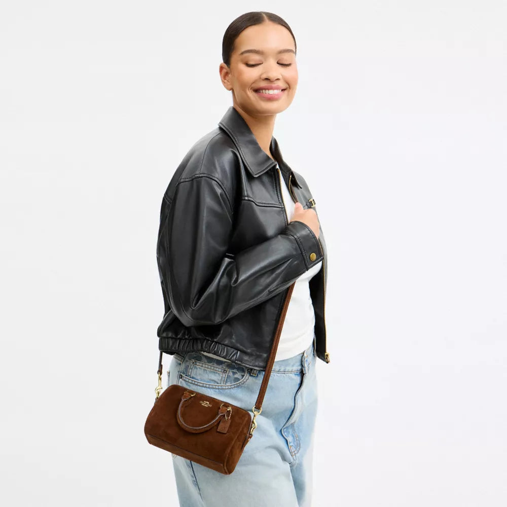 Mini Rowan Crossbody Bag - Suede/Gold/Warm Brown