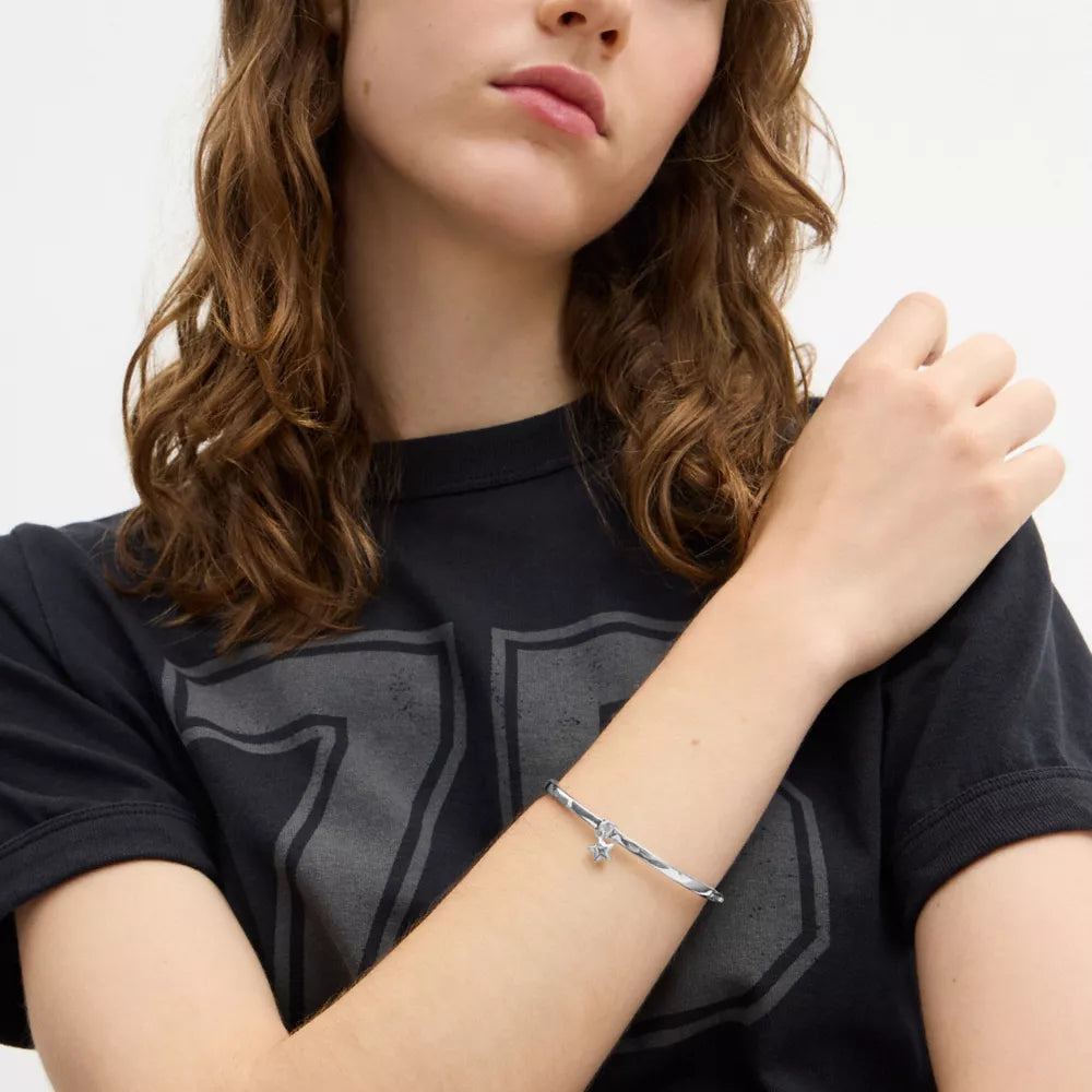 Star Charm Thin Hinged Bangle - Silver
