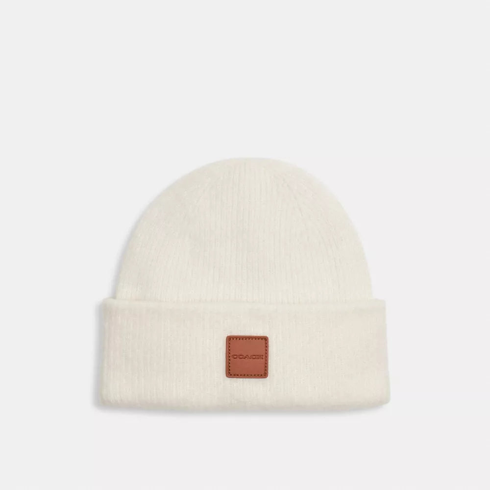 Knit Beanie With Leather Patch - Chalk