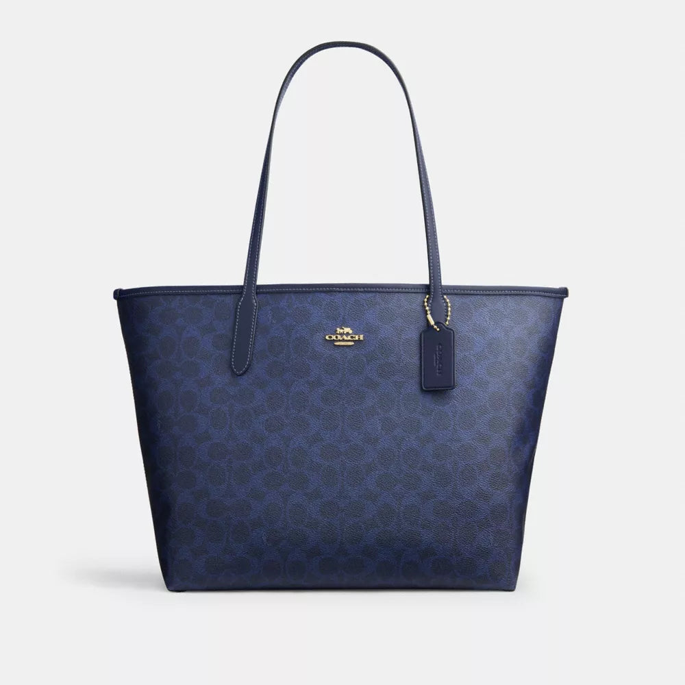 City Tote Bag In Signature Canvas - Gold/Navy