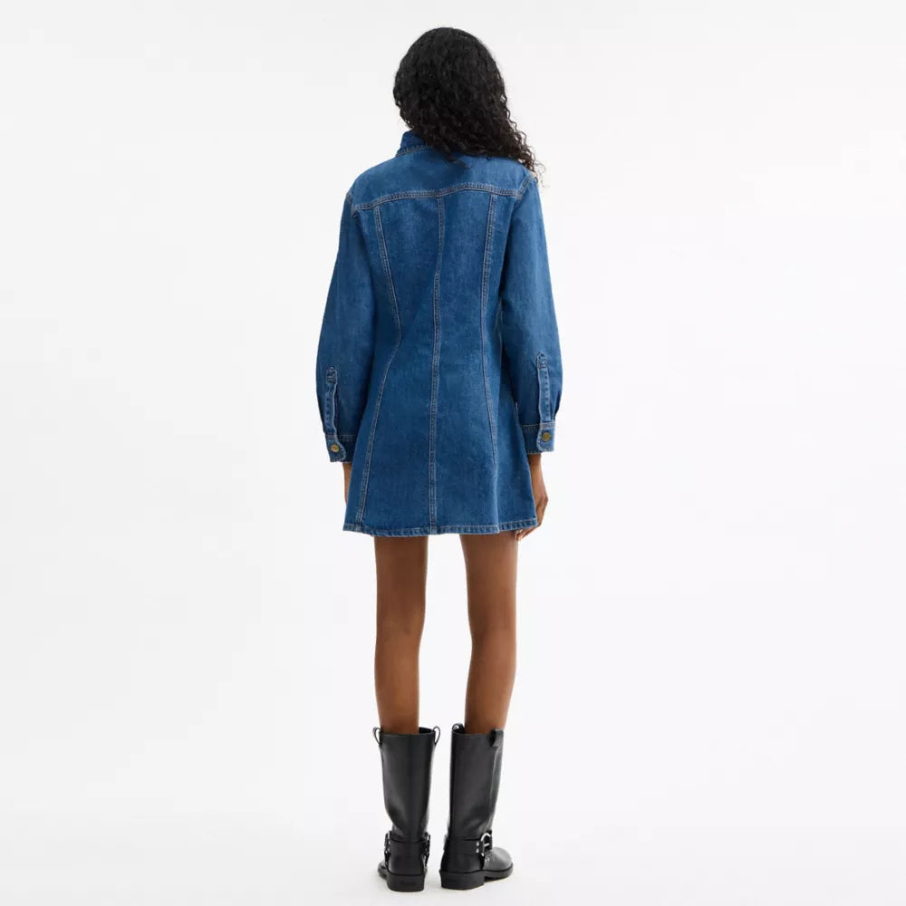 Long Sleeve Denim Dress In Organic Cotton - Medium Blue