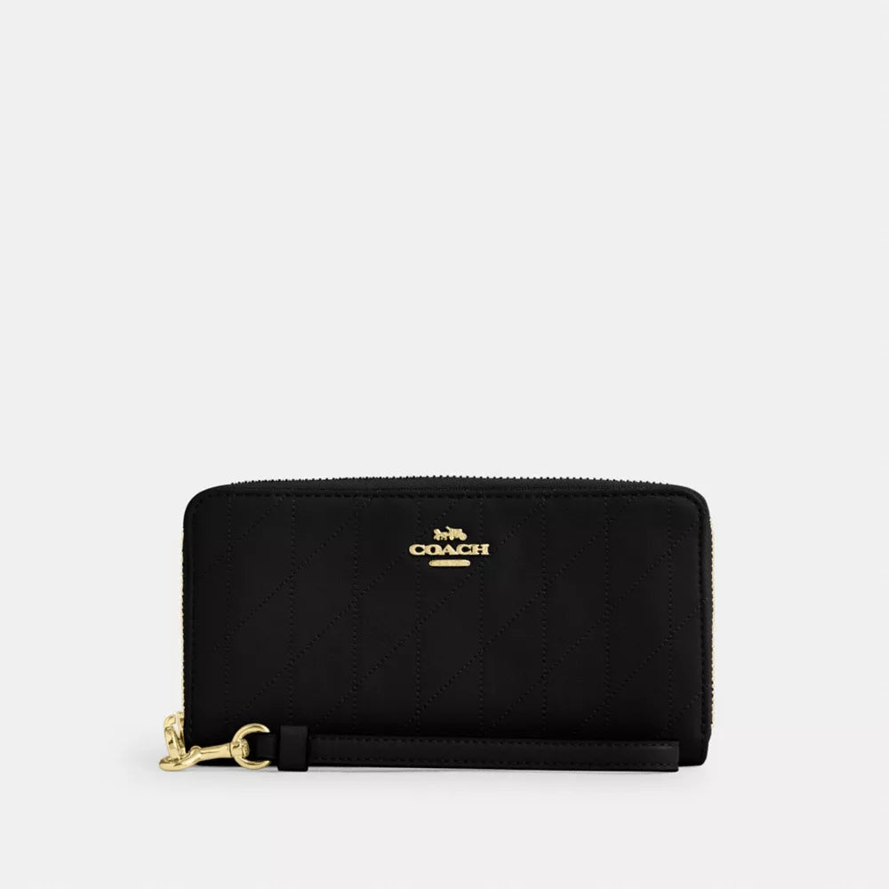 Long Zip Around Wallet With Quilting - Gold/Black