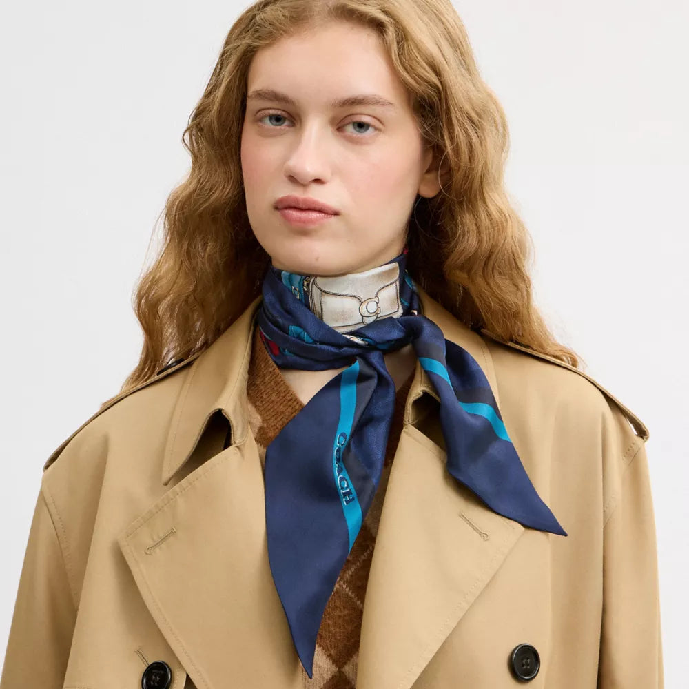 Stacked Tabby Bags Print Silk Skinny Scarf - Navy Multi