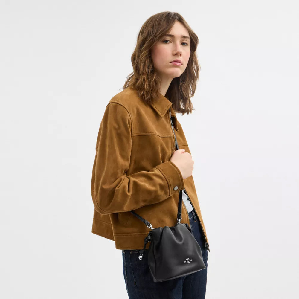 Faye Mini Drawstring Bag - Smooth Leather/Silver/Black