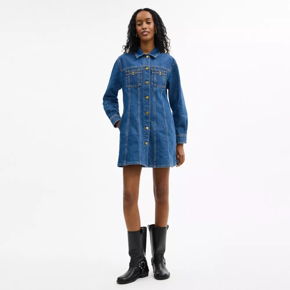 Long Sleeve Denim Dress In Organic Cotton - Medium Blue