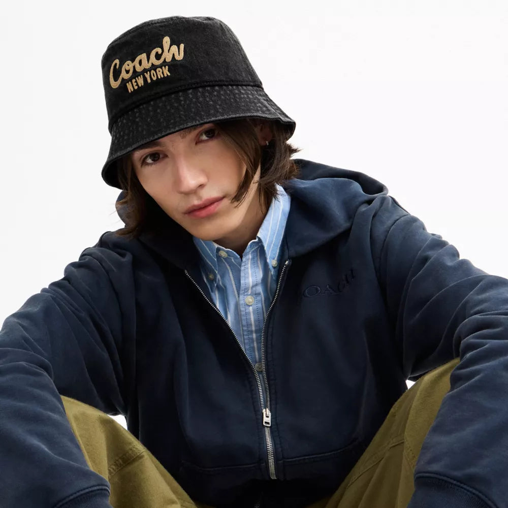 Coach Script Embroidered Denim Bucket Hat - Black