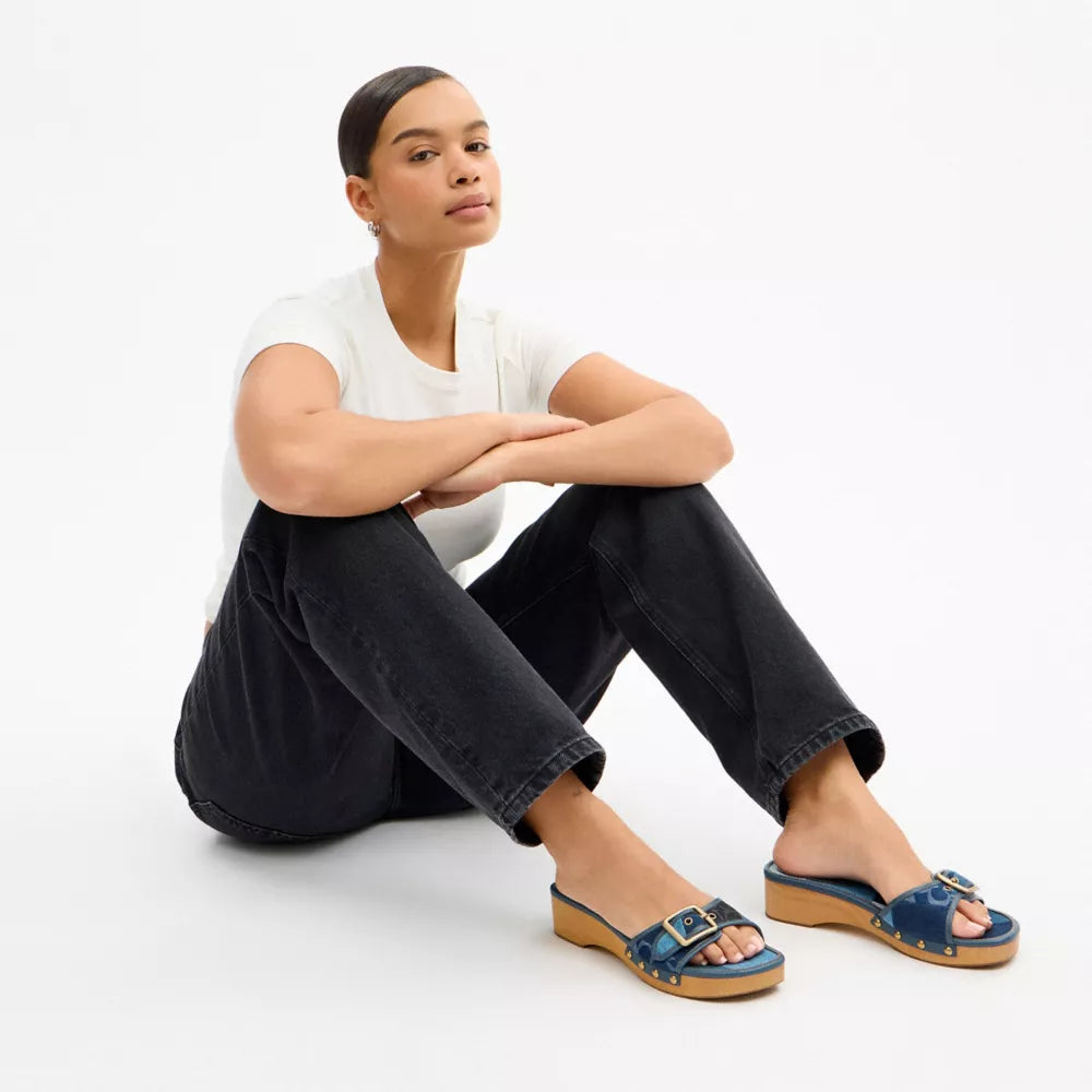 Margot Wooden Sandal With Signature Denim Patchwork - Denim Multi