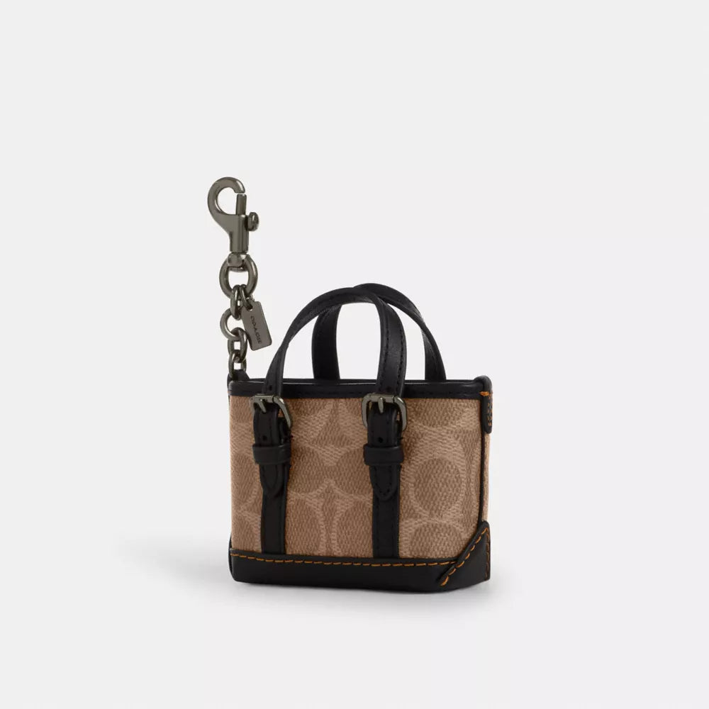 Mini Warner Tote Bag Charm In Signature Canvas - Signature Canvas/Gunmetal/Tan/Black