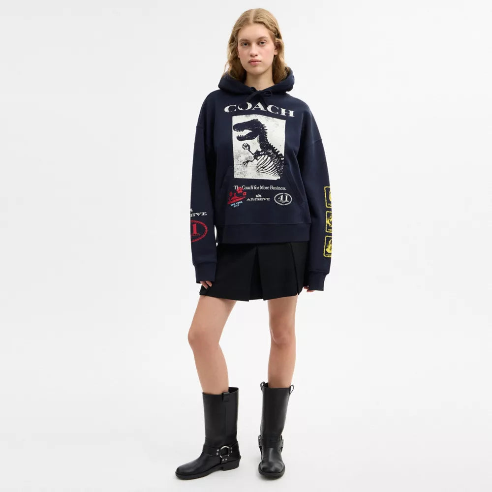Dinosaur Collage Relaxed Hoodie In Organic Cotton - Navy Blue