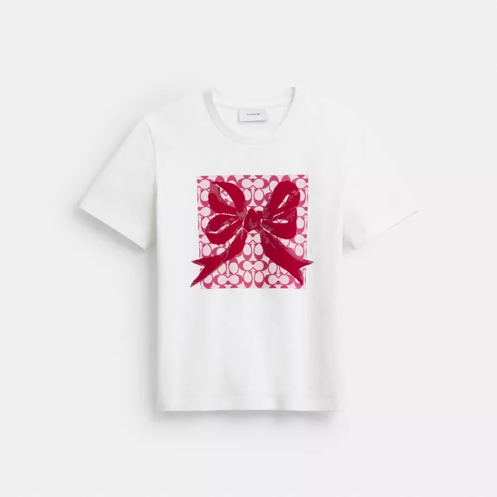 Signature Square Bow Classic T-Shirt In Organic Cotton - Vintage Ivory/Fuchsia