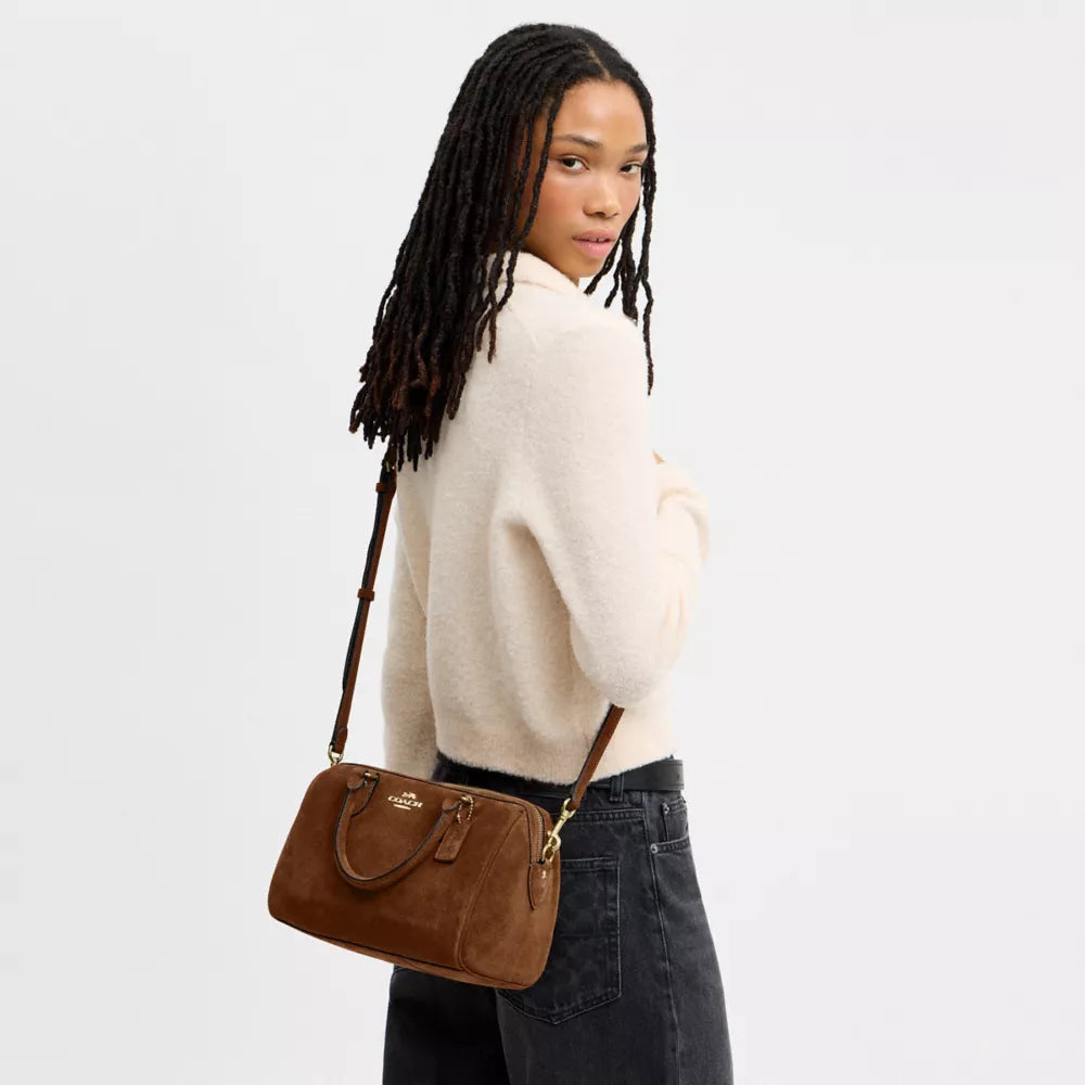 Rowan Satchel Bag - Suede/Gold/Warm Brown