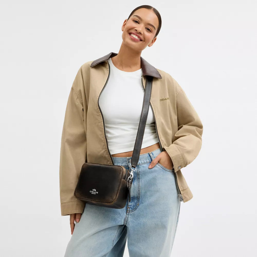 Carey Crossbody Bag In Loved Leather - Silver/Black Brown