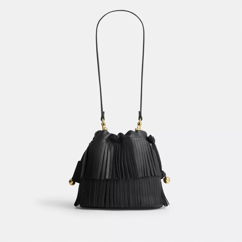 Faye Mini Drawstring Bag With Fringe - Leather/Gold/Black