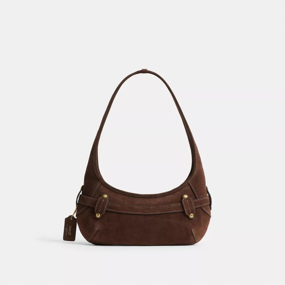 Belted Ergo Shoulder Bag 26 - Suede/Brass/Dark Chocolate