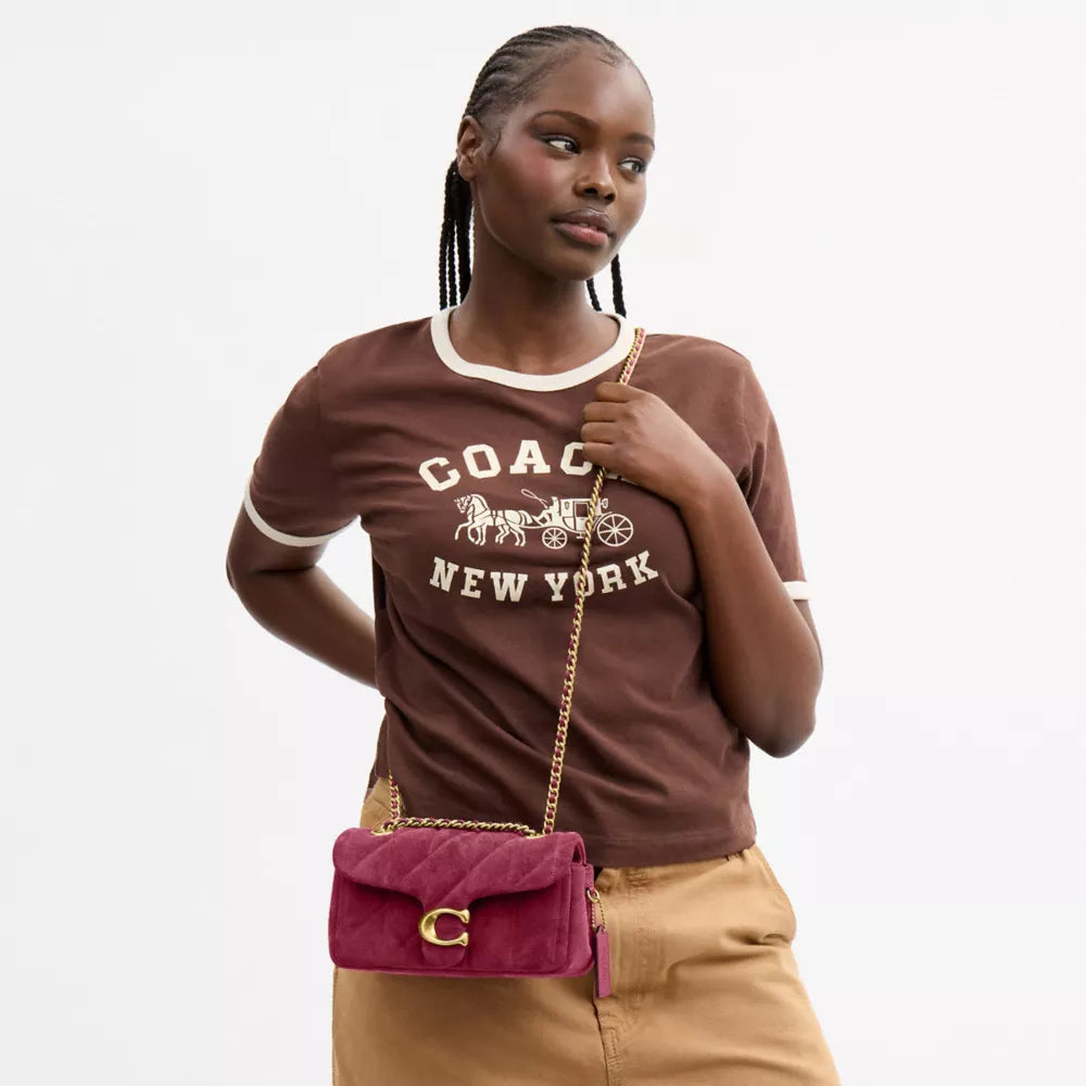 Tabby Shoulder Bag 20 With Quilting - Suede/Brass/Dark Fuchsia