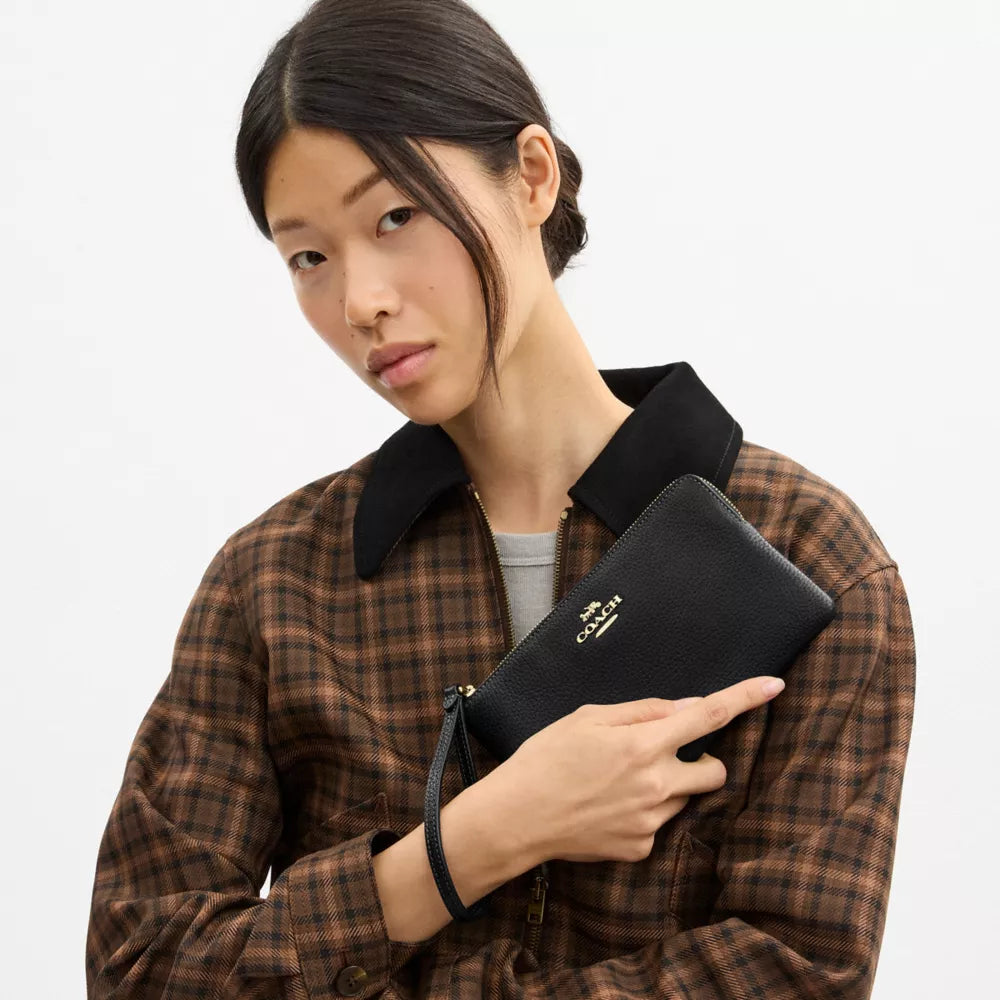 Large Corner Zip Wristlet - Pebbled Leather/Gold/Black