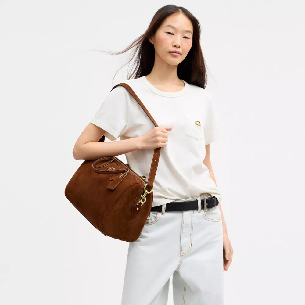Rowan Large Satchel Bag - Suede/Gold/Warm Brown