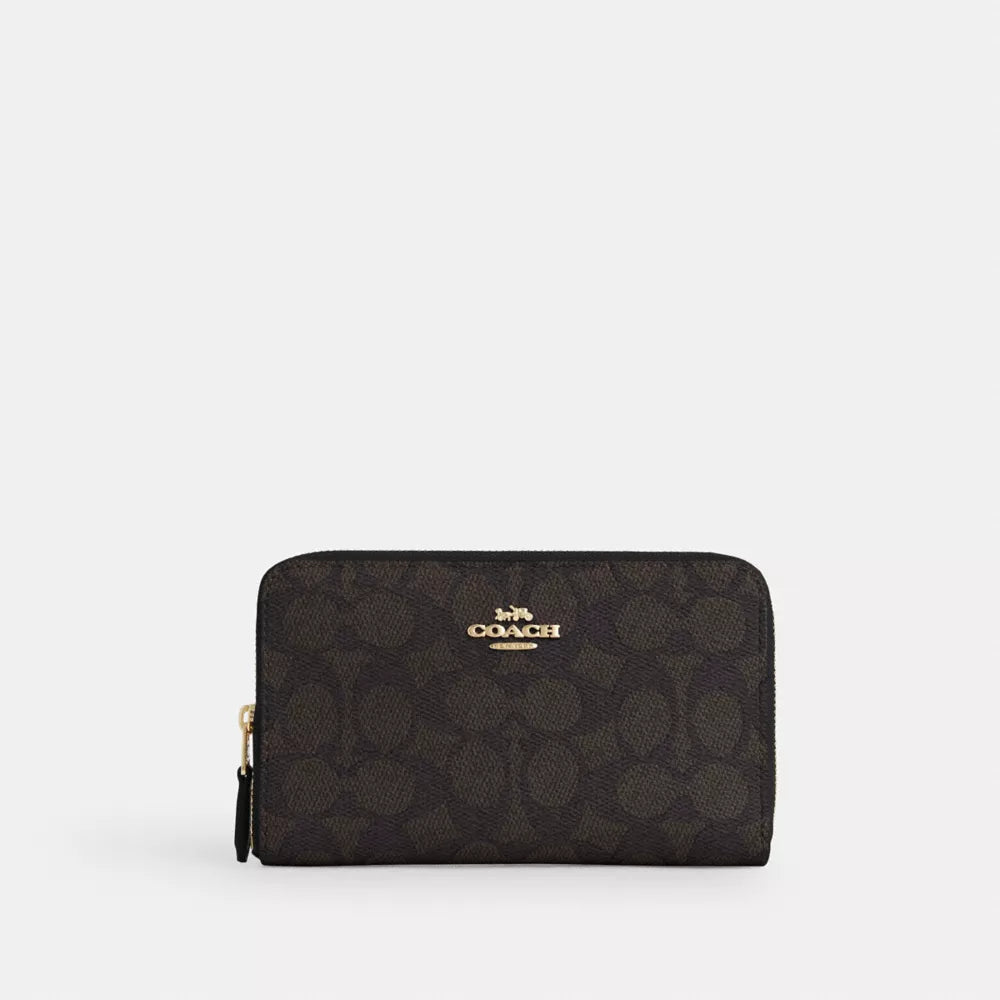 Medium ID Zip Wallet In Signature Canvas - Gold/Walnut/Black