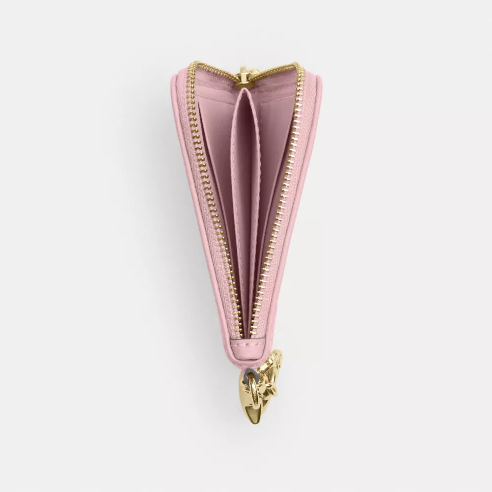 Small Corner Zip Wallet In Signature Denim With Charms - Denim/Gold/Light Pink
