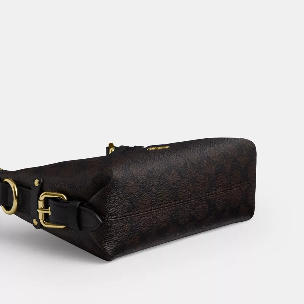 Laurel Shoulder Bag 22 With Buckles In Signature Canvas - Signature Canvas/Gold/Walnut/Black