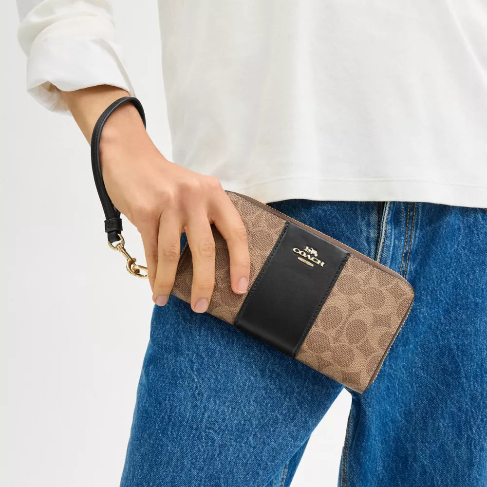 Long Zip Around Wallet In Signature Canvas With Stripe - Signature Canvas/Gold/Tan/Black