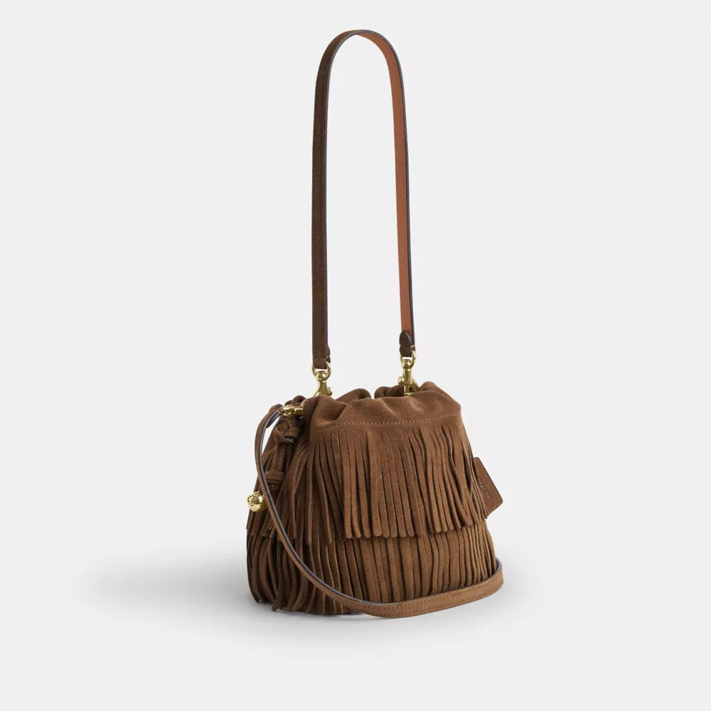 Faye Mini Drawstring Bag With Fringe - Suede/IM/Cedar